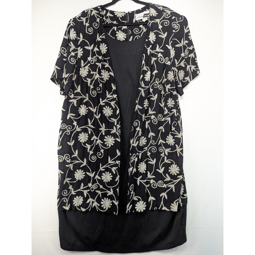 Stacey Tyler Vintage 2 Piece Dress Jacket Set Black‎ Floral Embroidered Plus 24